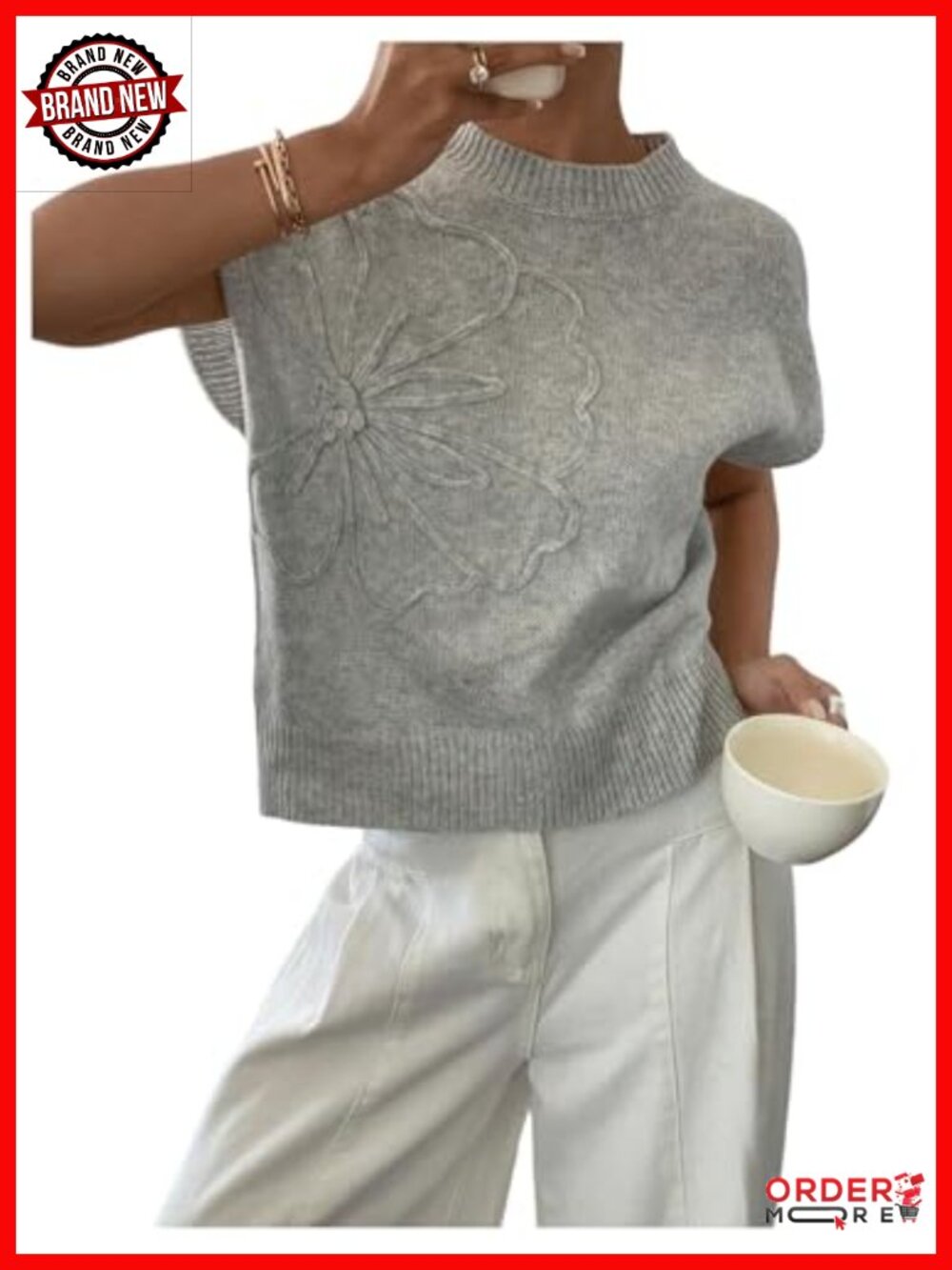Women's Short Sleeve Business Casual Sweater 3D Floral Crochet Pullover